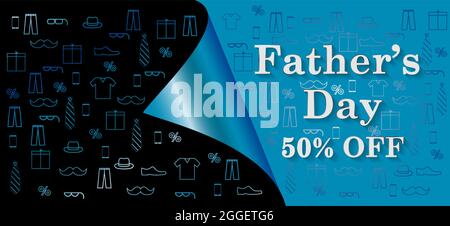 Happy Father's Day Banner mit Krawatte, Brille und Geschenkbox für Papa auf blau.Promotion und Shopping-Vorlage für Vatertag.Vektor-Illustration EPS10 Stock Vektor
