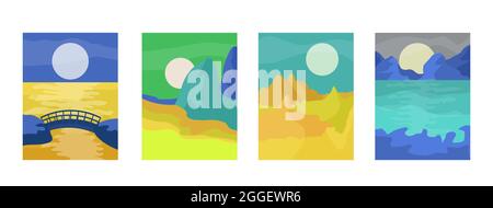 Abstrakte minimalistische Landschaften mit Sonne, Mond, Meer und Bergen. Boho-Wanddekoration. Flache abstrakte Vektorgrafik Stock Vektor