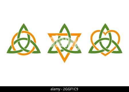 Farbige Triquetras, verflochten mit drei orangefarbenen Symbolen. Grüne keltische Knoten, dreieckige Figuren, verwendet in alten christlichen Ornamenten. Stockfoto