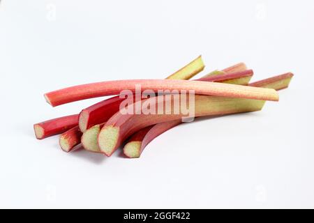 Rheum. Frisch gepflückte Rhabarberstämme isoliert auf weißem Hintergrund.UK Stockfoto