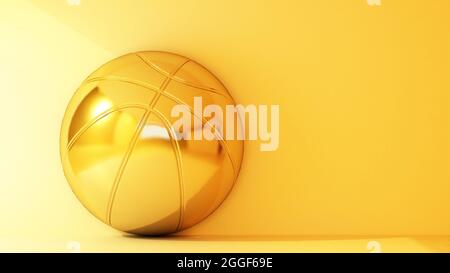 goldene Basketballkugel auf gelbem Hintergrund mit Kopierfläche. 3d-Rendering Stockfoto