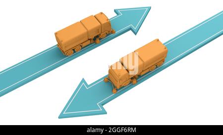 Orange Kehrmaschinen Fahrzeug bewegen sich in verschiedene Richtungen Pfeile. 3d-Rendering Stockfoto