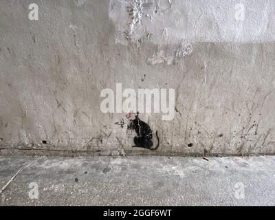 London, Großbritannien - 20.09.2021: Banksy-Schablonenratte an der Wand in der Tunnelunterführung an der London Bridge Tooley Street SE1 Stockfoto