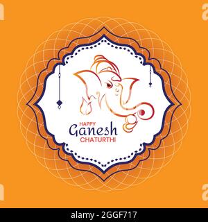 Poster von Happy Ganesh Chaturthu. Umriss des Gesichts Gottes Ganesh. Orangefarbener Mandala-Hintergrund. Stock Vektor