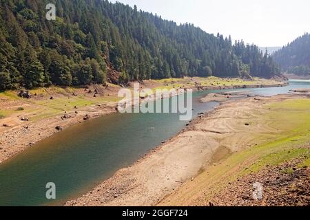 Green Peter Reservoir in den Cascade Mountains im Zentrum von Oregon, mehr als 100 Meter vom üblichen Wasserschwauch entfernt, wegen der Dürre, die die westlichen Staaten umfasst. Stockfoto