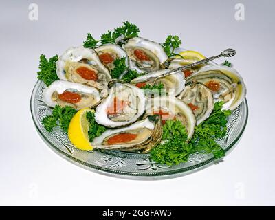 Runde Glasplatte mit frisch geschüttelten Austern, serviert mit roter Cocktailsauce, gelber Zitrone und grüner lockiger Petersilie. Stockfoto