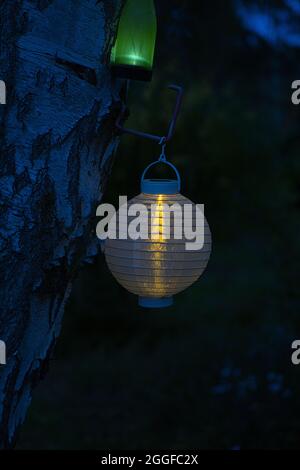 Lichterkette in Glühbirnenform. Gartenparty oder entspannender Abend im Freien. Leichte Stimmung mit Bokeh. Partys oder Feiern mit Freunden Stockfoto