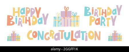 Herzlichen Glückwunsch bunt mit Happy Birthday in voller Farbe. Design-Elemente Niedlichen letterng Handzeichnen Stil Stock Vektor