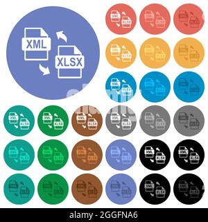 XML XLSX-Dateikonvertierung mehrfarbige flache Symbole auf runden Hintergründen. Weiße, helle und dunkle Symbolvarianten für schwebe- und aktiven Status eff Stock Vektor