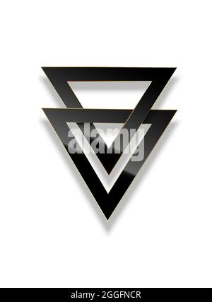 Schwarzes Glasdreieck mit goldenen Rahmenlinien auf dunklem Hintergrund. Vektorgrafik für geometrisches Design. Stock Vektor