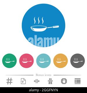 Glänzende, dampfende Bratpfanne, flache weiße Symbole auf runden Farbhintergründen. 6 Bonus-Symbole enthalten. Stock Vektor
