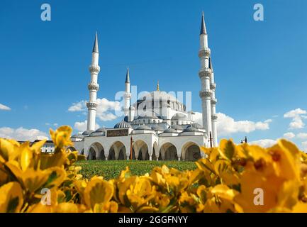 Melike Hatun Moschee ( Melike Hatun Camii ) hinter den gelben Blüten im Sommer. Eines der beliebtesten Wahrzeichen von Ankara. Stockfoto