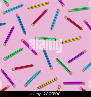Zurück zum Schulhintergrund. Farbstifte Muster auf einem rosa Hintergrund. Kreatives Minimalkonzept. Stockfoto