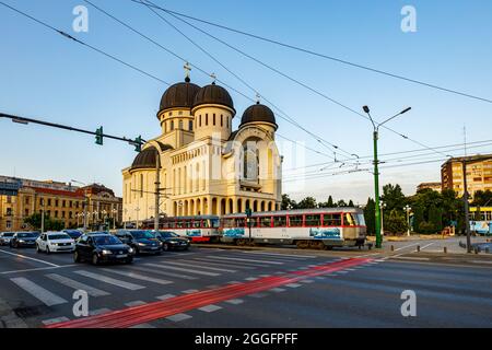 Die Straßenbahn von Arad mit der Kathedrale der Heiligen Dreifaltigkeit Stockfoto