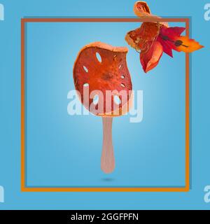 Minimale Herbstzusammensetzung aus Eiscreme und einem Stück getrockneten Kürbis in Scheiben geschnitten auf blauem Hintergrund mit Rahmen. Kreative Herbstrefreshmen Stockfoto