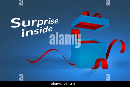 3D realistische blaue offene Geschenkbox mit roter Schleife und Band. Papierkarton auf dunkelblauem Hintergrund. Vektorgrafik. Stock Vektor