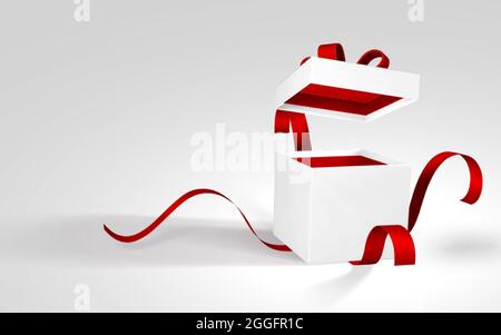3D realistische Papier weiße Geschenkbox mit rotem Band und Schleife. Öffnen Sie die Papierbox auf weißem Hintergrund. Vektorgrafik. Stock Vektor