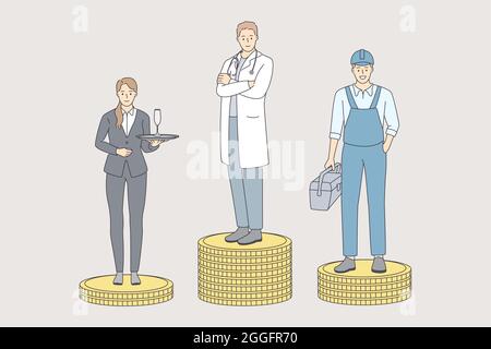 Geld verdienen in verschiedenen Sphären Konzept. Junge Arbeiter Kellner Reparaturman und Arzt Cartoon-Figur stehen auf verschiedenen Haufen von goldenen Münzen Vektor-Illustration Stock Vektor