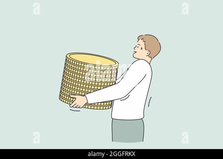 Profit, Geld verdienen, finanzielles Erfolgskonzept. Junge Arbeiter Geschäftsmann Zeichentrickfigur trägt Haufen von goldenen Münzen in den Händen Bedeutung Reichtum und Gewinn Vektor Illustration Stock Vektor