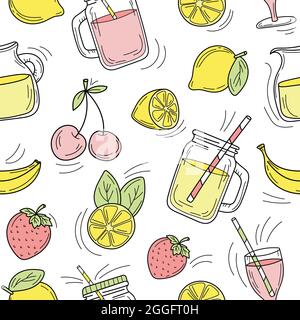 Nahtloses Muster – eine Reihe von Sommercocktails auf weißem Hintergrund. Vektorskizze für Lebensmittel Stock Vektor