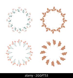 Minimalistischer Herbstkranz auf weißem Hintergrund. Zweig mit roten Beeren und Blättern. Set von kreisförmigen Elementen für die Gestaltung von Postkarten Stock Vektor