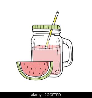 Handgezeichnete Wassermelonenlimonade in einem Glasglas. Vektor auf weißem Hintergrund. Frischer Sommerdrink Stock Vektor