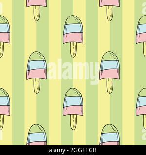 Nahtloses Muster aus handgezeichneter Eiscreme für Design. Endloses Muster auf grün gestreiftem Hintergrund für Druck, Textil, Verpackung, Menü Stock Vektor