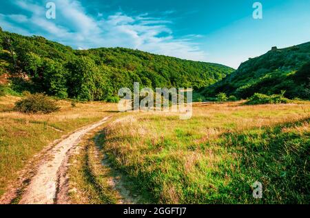 Panoramablick auf die Hügel in der Nähe der Hammershus Ruinen Schloss in Bornholm, Dänemark Stockfoto