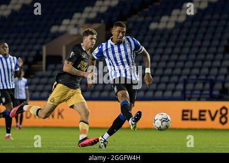 Sheffield, Großbritannien. August 2021. Liam Palmer #2 von Sheffield Wednesday erzielt am 8/31/2021 in Sheffield, Großbritannien ein Tor, um es 3-0 zu erreichen. (Foto von Simon Whitehead/News Images/Sipa USA) Quelle: SIPA USA/Alamy Live News Stockfoto