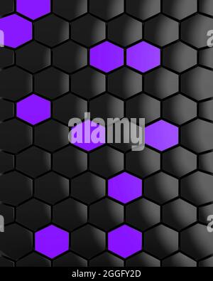 3D-Rendering-Illustration für Tapeten oder andere Zwecke. Lila und schwarze Waben auf dem schwarzen. Geometrische Formen, Abstraktion, Hintergrundbilder. Stockfoto