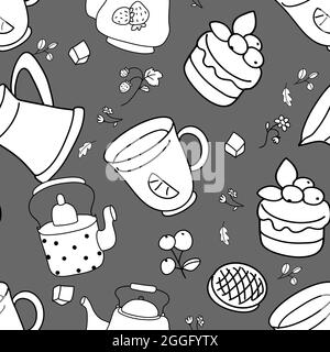 Nahtloses Schwarz-Weiß-Muster. Illustration zum Teetrinken. Stock Vektor