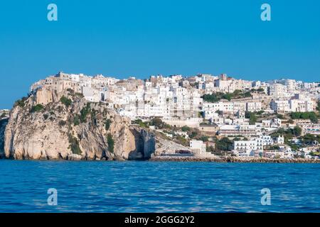 Blick vom Meer der romantischen weißen Stadt Peschici, Apulien, Süditalien Stockfoto