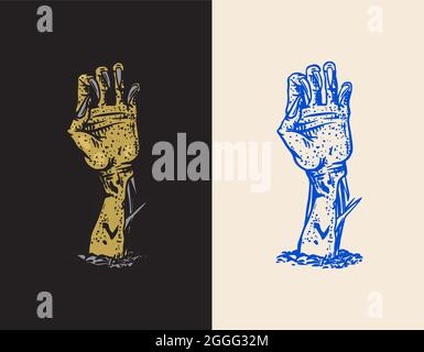 Hand des Toten. Halloween schleichendes Zombie-Konzept. Gezeichnete gravierte Doodle-Skizze. Mystische Vektorgrafiken für Tattoo oder T-Shirt. Stock Vektor