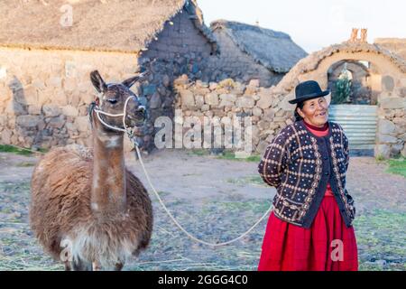 PUNO, PERU - 14. MAI 2015: Kleine Siedlung in der Nähe von Puno, Peru. Alte Frauen mit Lamas anwesend. Stockfoto