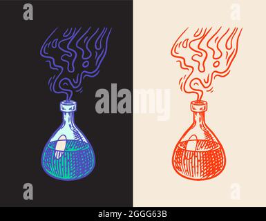 Hexentrank. Mystische Alchemie Getränk in einer Flasche. Astrologie-Symbol. Magic Boho Illustration. Handgezeichnete gravierte Skizze für Tattoo oder T-Shirt. Stock Vektor