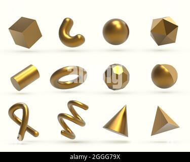 Realistische 3D Golden Geometric formt Objekte. Realistische Geometrieelemente isoliert auf weißem Hintergrund mit metallischem Farbverlauf Stock Vektor