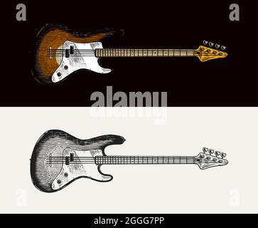 Electro Bass Gitarre in Schwarzweiß graviert Vintage Style. Hand gezeichnete Skizze für Rock Festival oder Blues und Ragtime Poster oder t-shirt. Musical jazz Stock Vektor