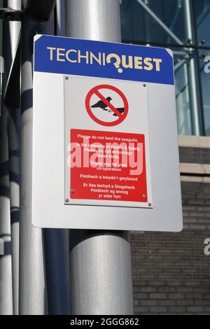 Bitte füttern Sie die Möwen nicht, unterschreiben Sie vor Techniquest in Cardiff Bay, Wales Stockfoto