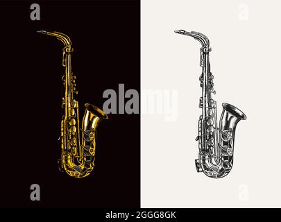 Jazz Saxophon in Schwarzweiß graviert Vintage Style. Hand Trompete Skizze für Blues und Ragtime Festival Plakat gezeichnet. Musikalische klassische Wind Stock Vektor