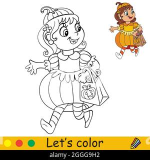 Lustige Mädchen im Kürbis Kostüm. Halloween-Konzept. Malbuch-Seite für Kinder mit farbenfroher Vorlage. Vektorgrafik Cartoon-Illustration. Für den Druck, Druck Stock Vektor