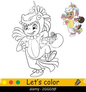 Lustige Mädchen im Einhorn Kostüm. Halloween-Konzept. Malbuch-Seite für Kinder mit farbenfroher Vorlage. Vektorgrafik Cartoon-Illustration. Für den Druck, Druck Stock Vektor