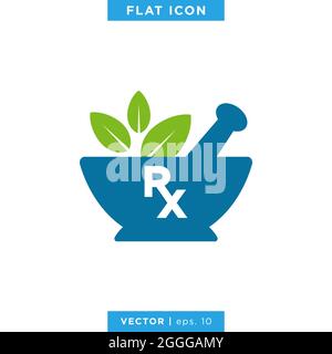 Mörtel und Stößel mit RX Symbol Symbol Vektor Logo Design Vorlage. Stock Vektor