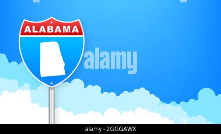 Karte von Alabama State United States of America, Alabama umreißen Straßenschild. Blau leuchtender Umriss. Vektorgrafik. Stock Vektor