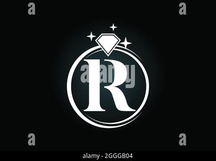 Initial R Monogramm Buchstaben Alphabet in einem Kreis mit Diamant. Logo Mit Diamantring. Schmucklogo Designkonzept. Modernes Vektorlogo für Unternehmen Stock Vektor