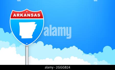 Karte von Arkansas auf dem Straßenschild. Willkommen im Bundesstaat Arkansas. Vektorgrafik. Stock Vektor