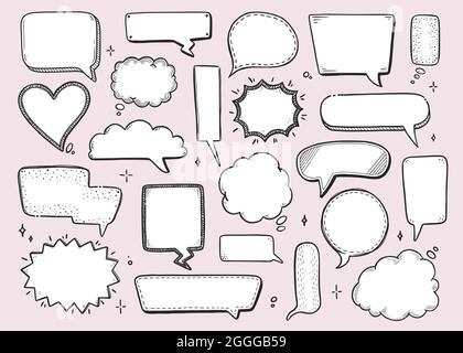 Comic Sprechblase Set mit rund, Stern, Wolkenform. Handgezeichnete Skizze im Doodle-Stil. Vektordarstellung Sprechblase Chat, Nachrichtenelement für Anführungsstext. Stock Vektor