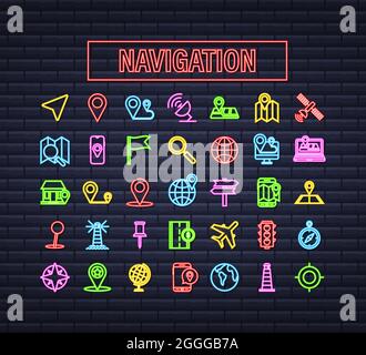 Neonsymbole für Navigation und Karte eingestellt. Vektorgrafik. Stock Vektor