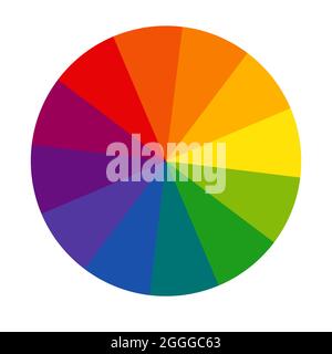 Zwölfteiliges RGB-Farbrad. Farbiger Radschild. Farbkreis mit zwölf Farben Symbol. Flaches Vektor-Symbol zum Zeichnen, Malen Apps und Websites. Flach Stockfoto