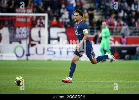 Marquinhos von PSG während der französischen Meisterschaft Ligue 1 Fußballspiel zwischen Stade de Reims und Paris Saint-Germain am 29. August 2021 im Stade Auguste Delaune in Reims, Frankreich - Foto Jean Catuffe / DPPI Stockfoto