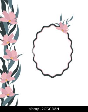 Postkartenvorlage mit rosa Blüten. Blumenmuster auf weißem Hintergrund für Ihren Text. Stock Vektor